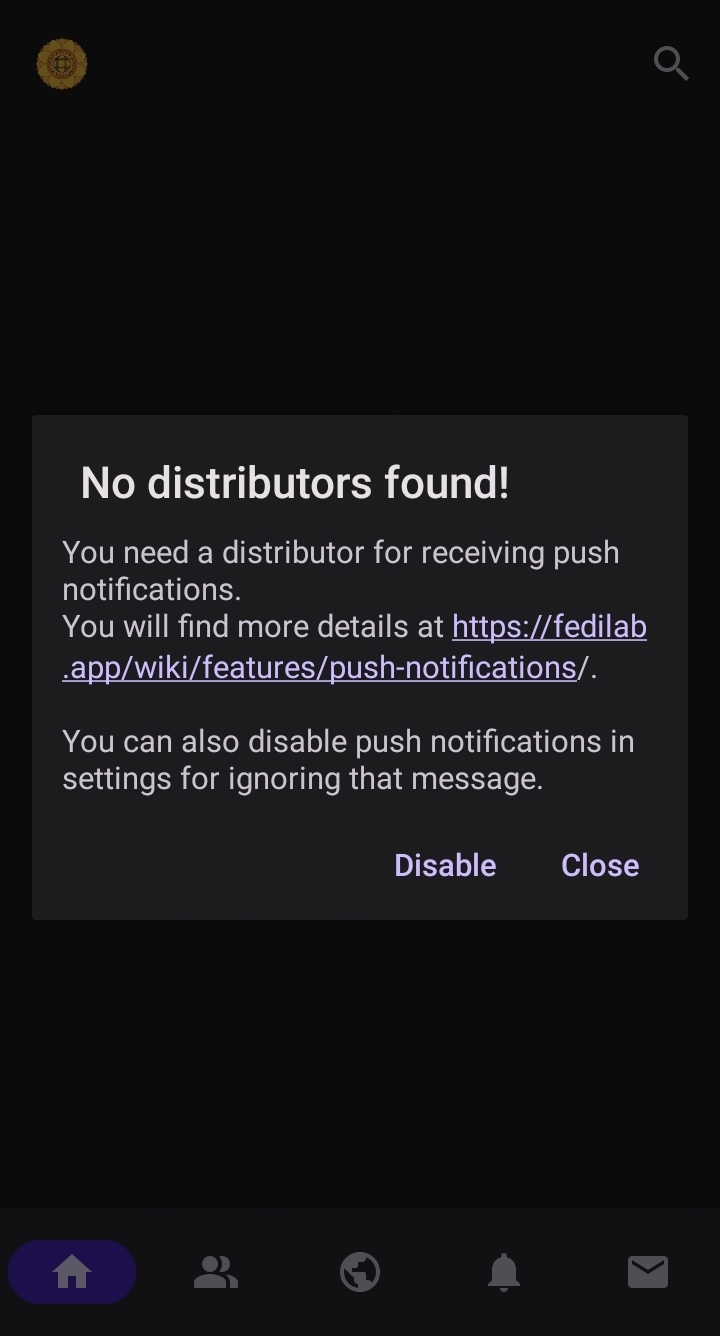 A message explaining why push notifications will not work