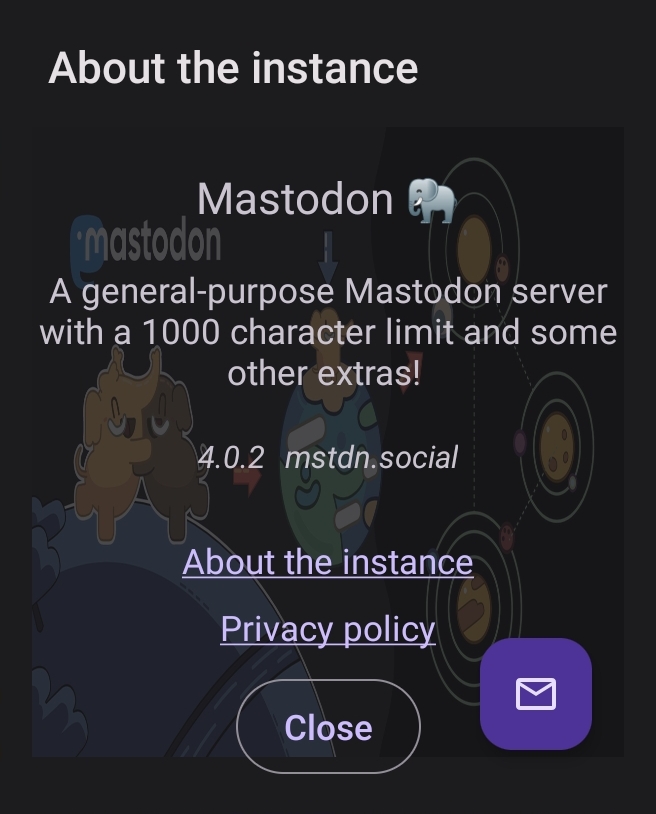 Instance information dialog. We have used mstdn.social for this example